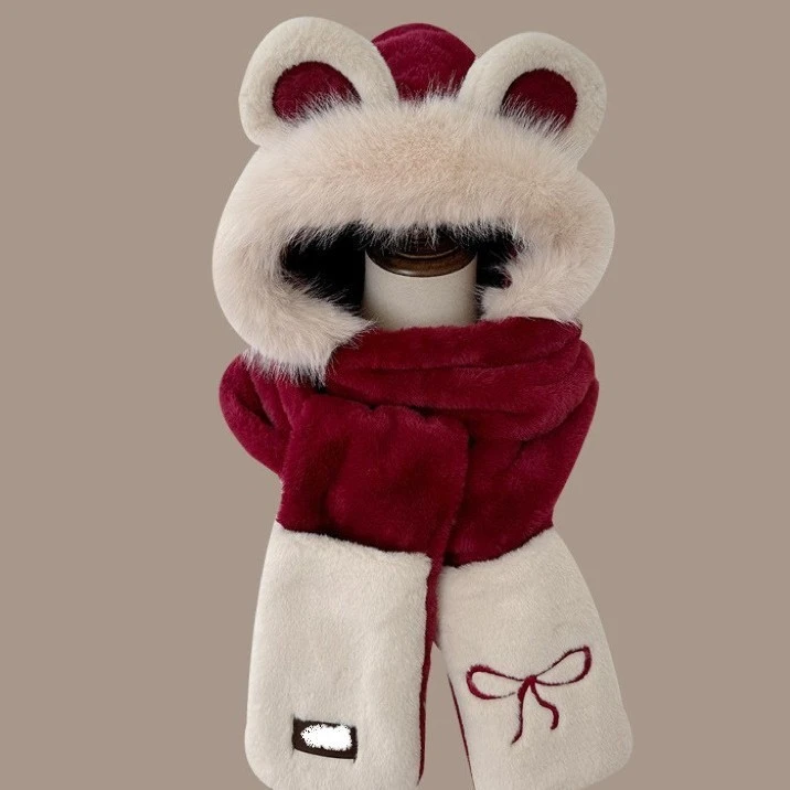 安可拉红新款2025冬季帽子围巾一女毛绒护耳朵保暖可爱防风帽子