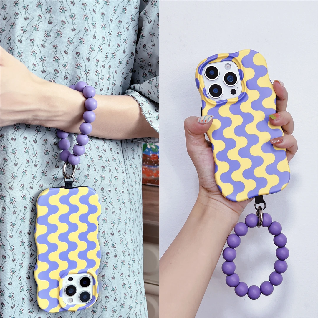 ins复古撞色波浪纹手拎适用苹果16串珠iphone17pro手机壳15手腕14
