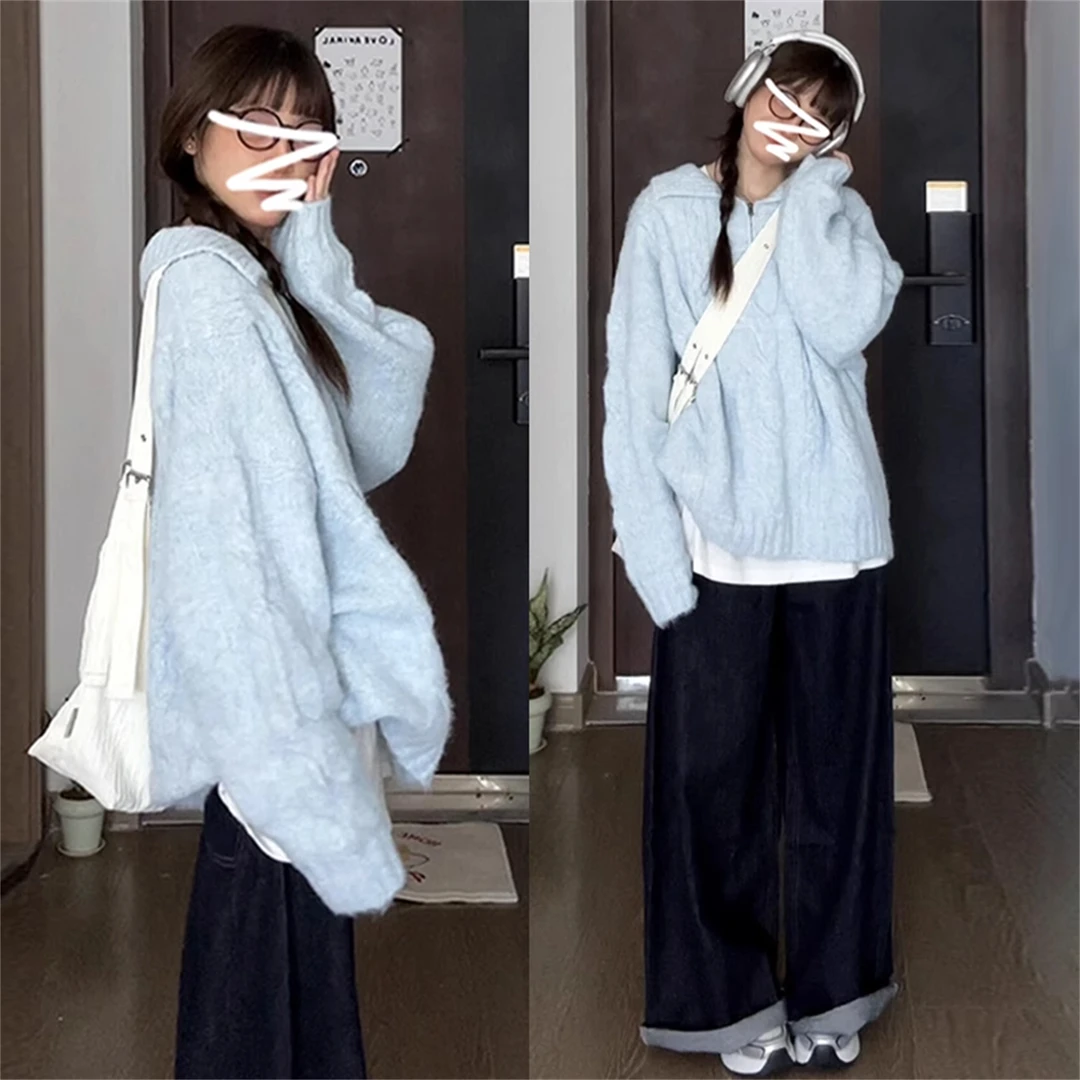 大码慵懒风奶fufu加厚毛衣女秋冬新款胖MM显瘦宽松遮肚针织衫上衣