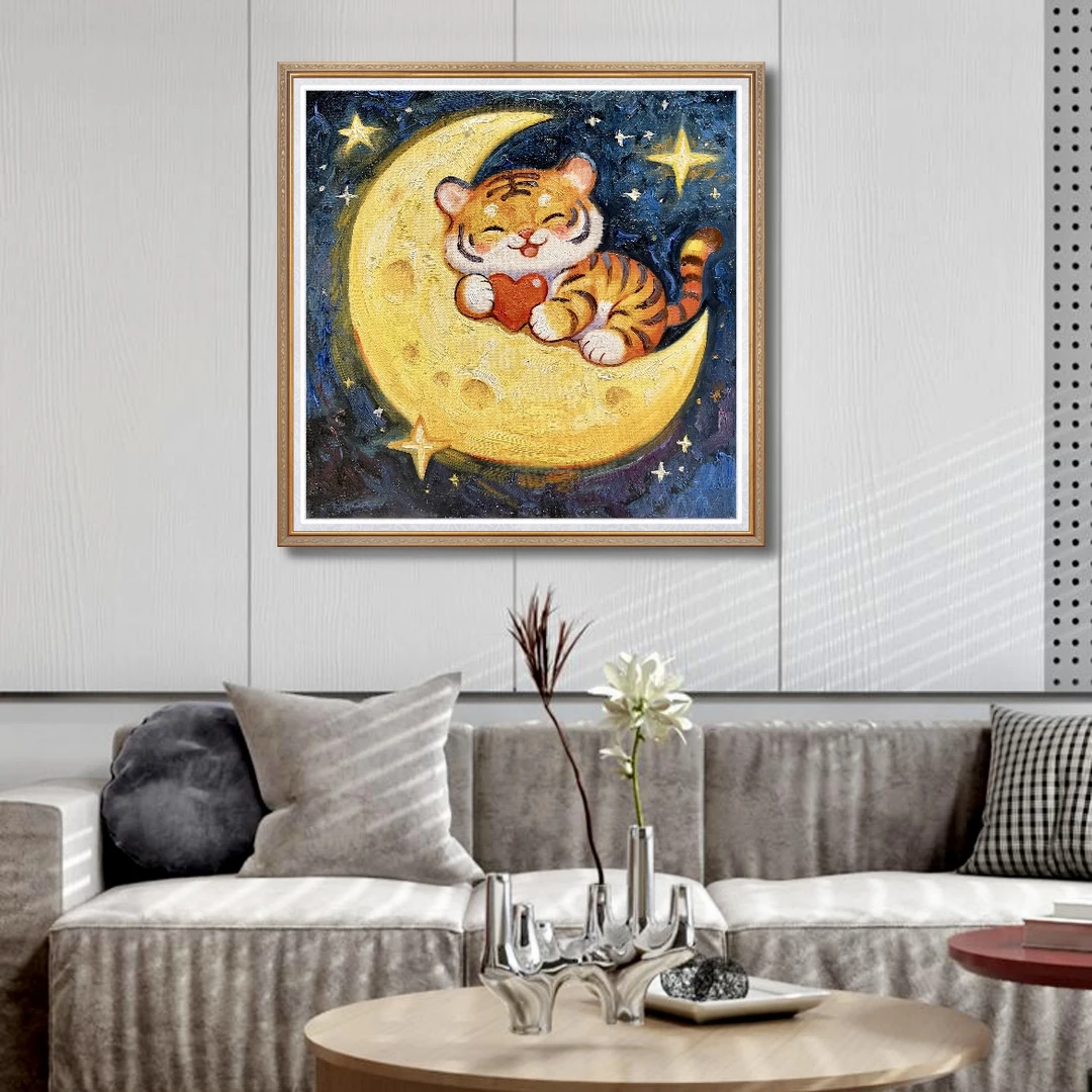 生肖虎纯手绘萌虎儿童房装饰油画40*40厘米虎纳百财