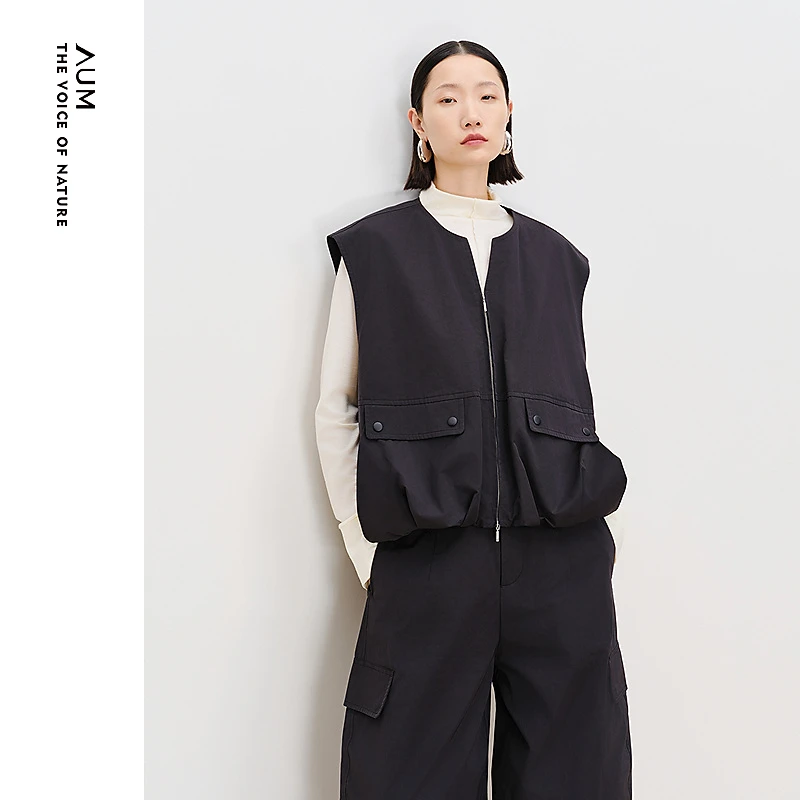 【轻松套装】AUM噢姆春季花苞型工装机车风宽松马甲黑色M1FZ12514