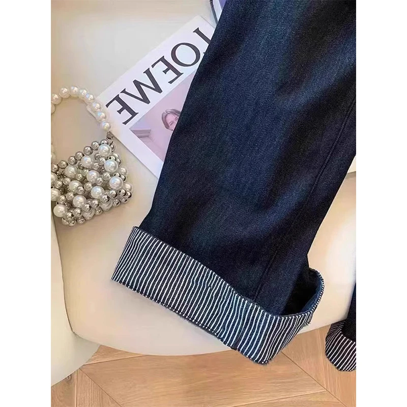 韩系复古条纹卷边阔腿牛仔裤女秋冬设计感休闲百搭显瘦直筒长裤子