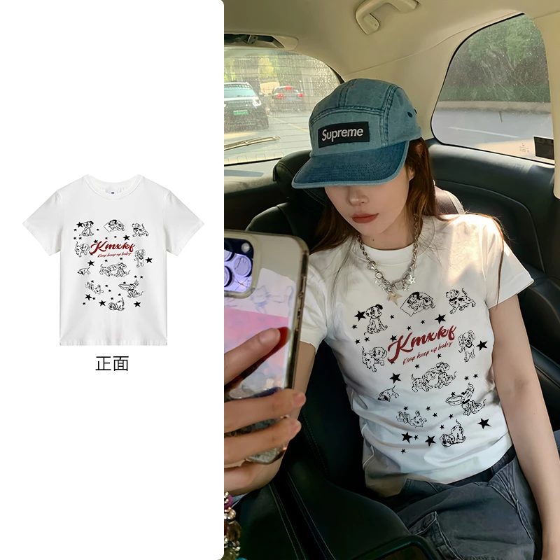 PRPN美式复古斑点狗印花正肩短袖夏季圆领弹力棉辣妹T恤#M16