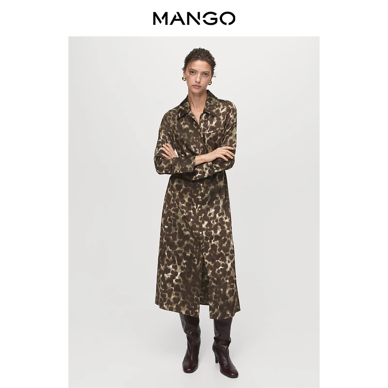 MANGO女装连衣裙2025秋装新款时尚豹纹印花衬衫式腰带直筒连衣裙