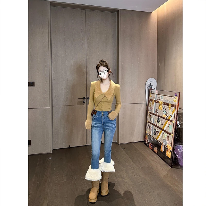 【韩模氛围】纯欲辣妹毛领拼接针织开衫新款毛衣女设计感百搭洋气