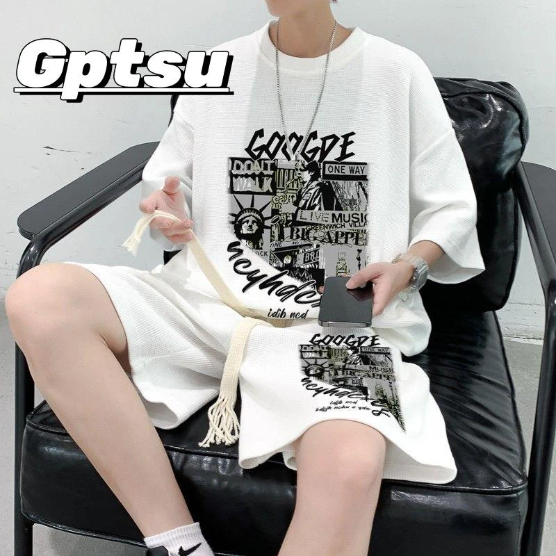 GPTSu重磅华夫格运动套装男帅气夏季薄款冰丝潮牌短袖短裤两件套