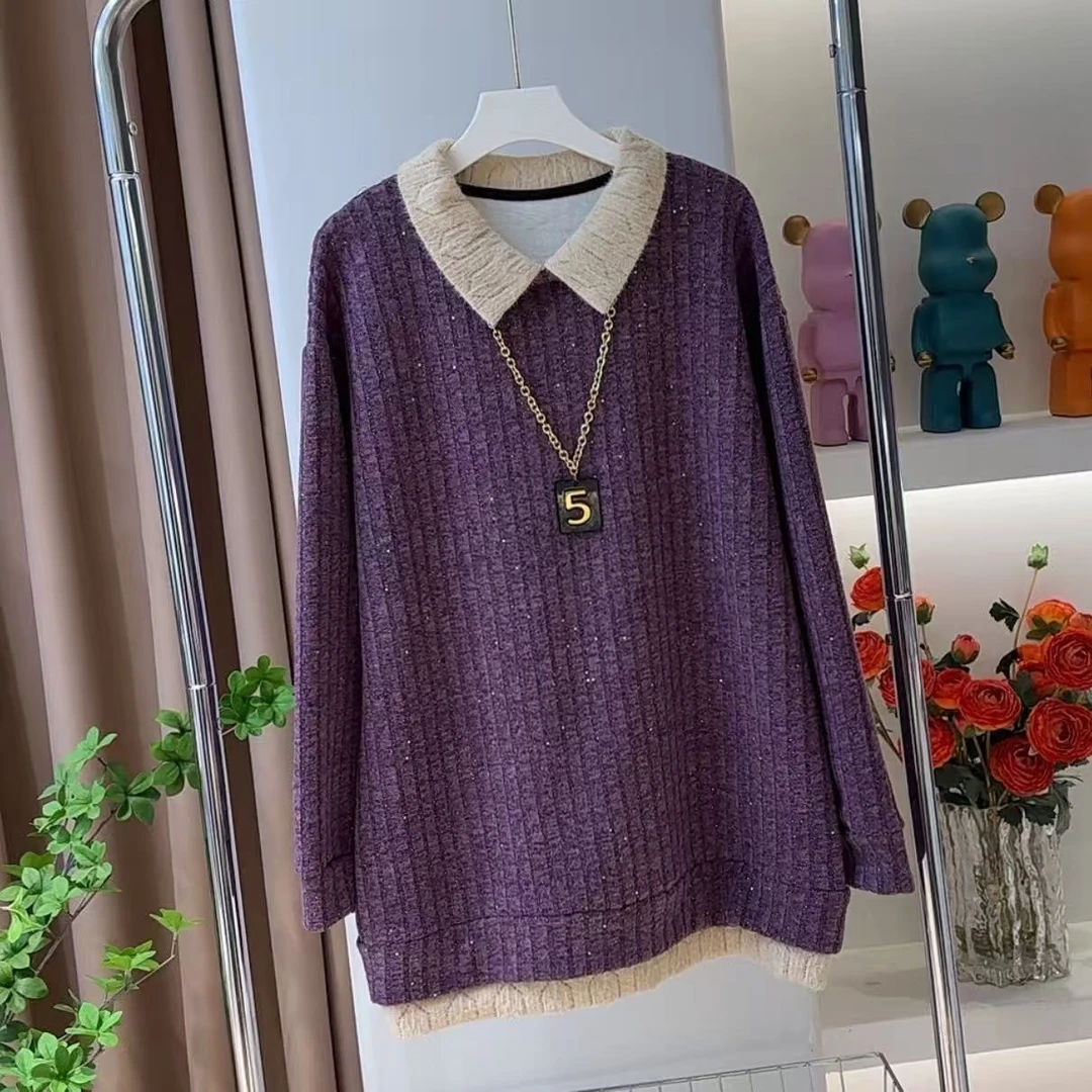 娃娃领加绒加厚中长款打底衫卫衣2025新款宽松显瘦休闲长袖上衣