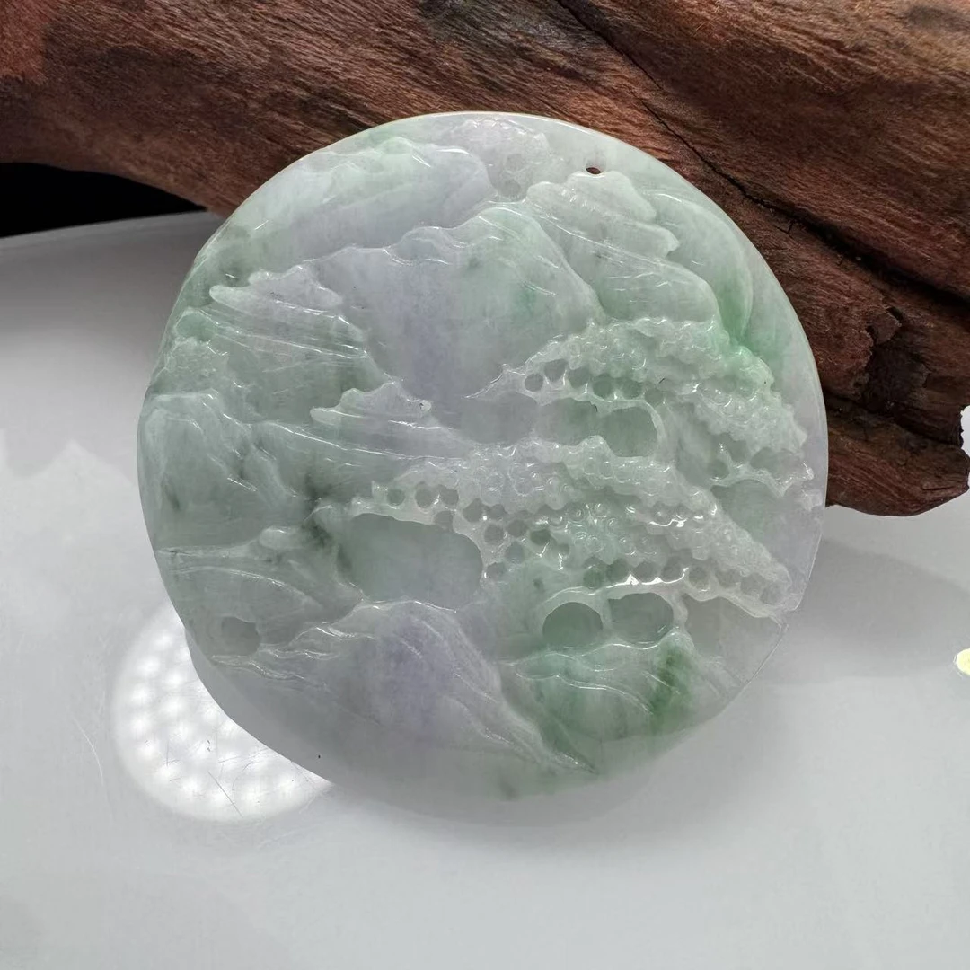 天然翡翠A货冰润春带彩飘绿紫加绿山水吊坠