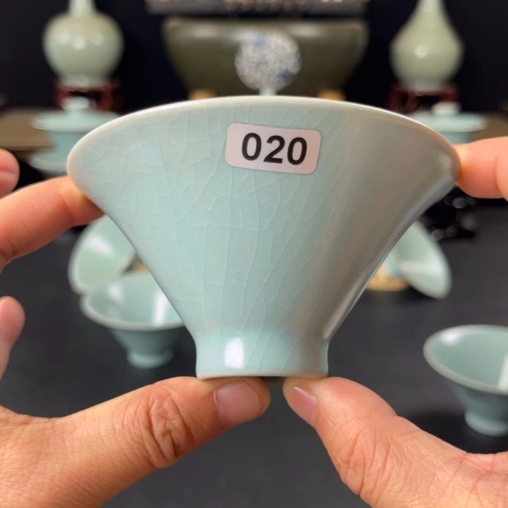 瓷片仿古釉汝官窑支钉斗笠杯020号