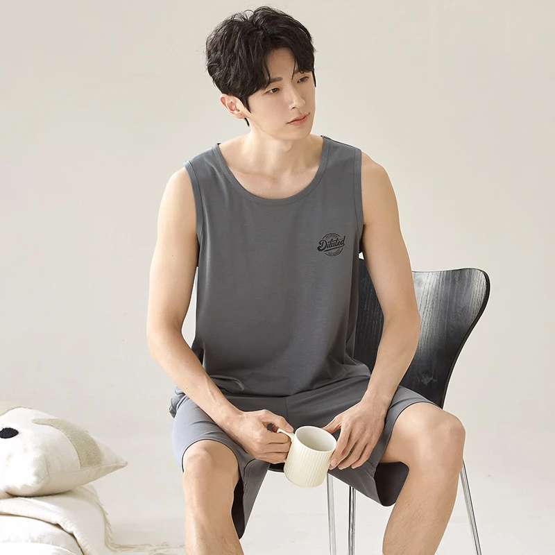 夏季男士睡衣男莫代尔无袖背心短裤凉感薄款可外穿家居服套装夏天