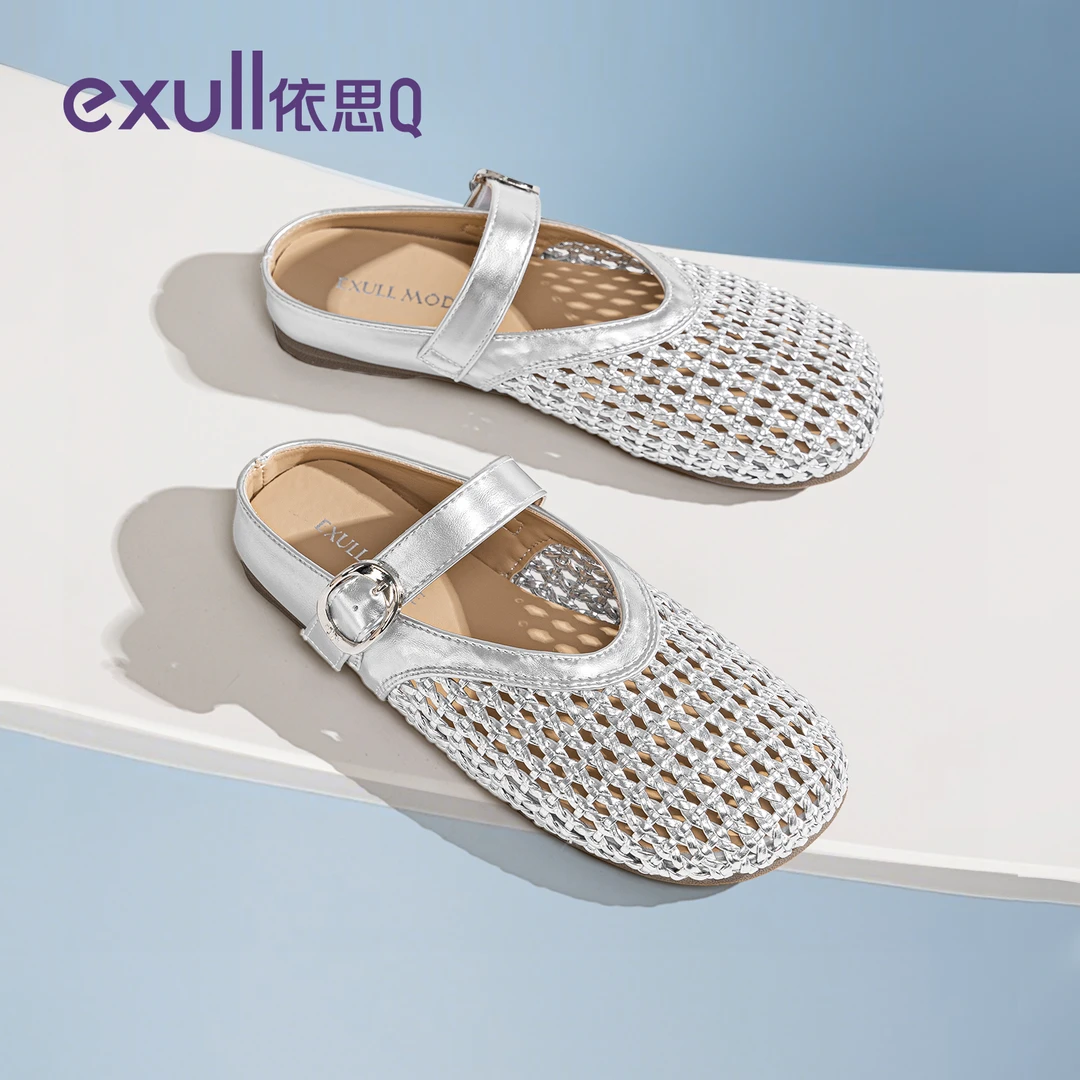 依思q镂空包头半拖鞋女鞋外穿2025新款秋季一脚蹬透气银色凉鞋