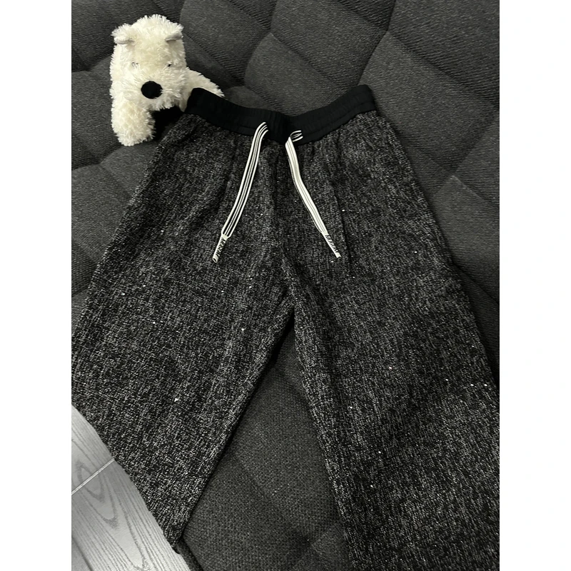 小香风冰丝裤子男款夏季薄款垂坠感亮闪闪拖地裤阔腿防蚊凉感长裤