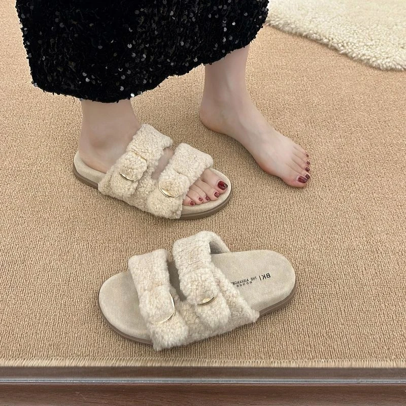 厚底增高2025秋冬新款卷毛大码拖鞋女韩版时尚外穿网红一字毛毛拖