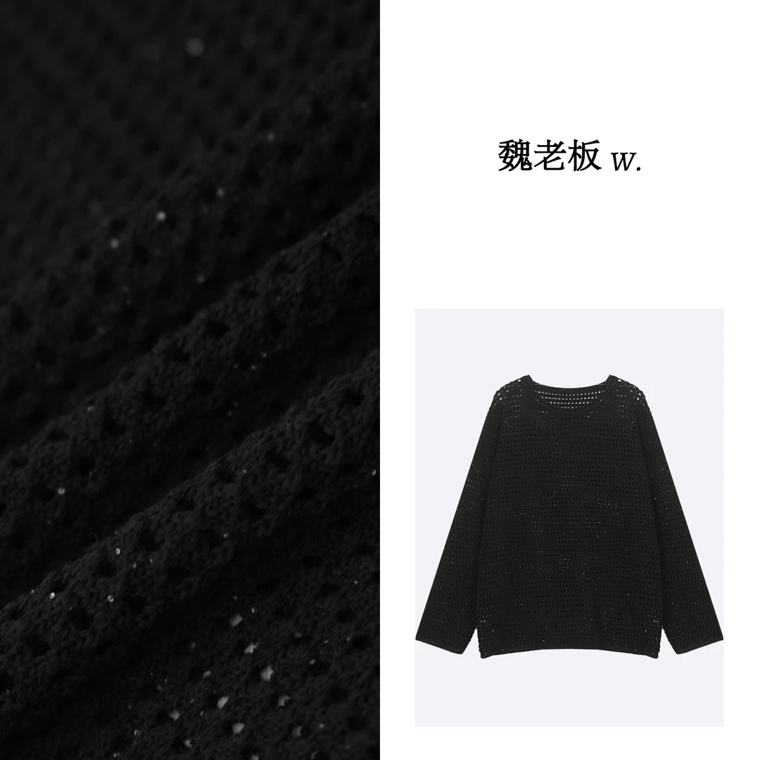 W.Diva【虚空艺术】夏季洋气慵懒圆领品质镂空卷边针织衫51Z281632