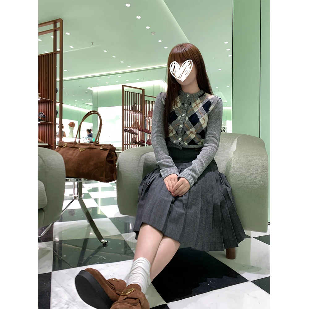 【主角登场】学院风菱格纹圆领长袖秋冬毛衣针织开衫22192#