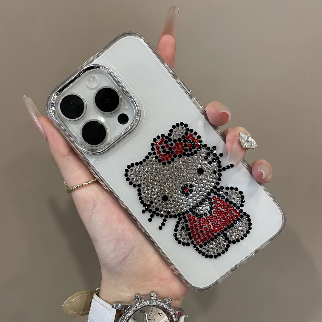 高级感立体红黑闪钻全身KT猫适用16promax手机壳15pro防摔14/13女
