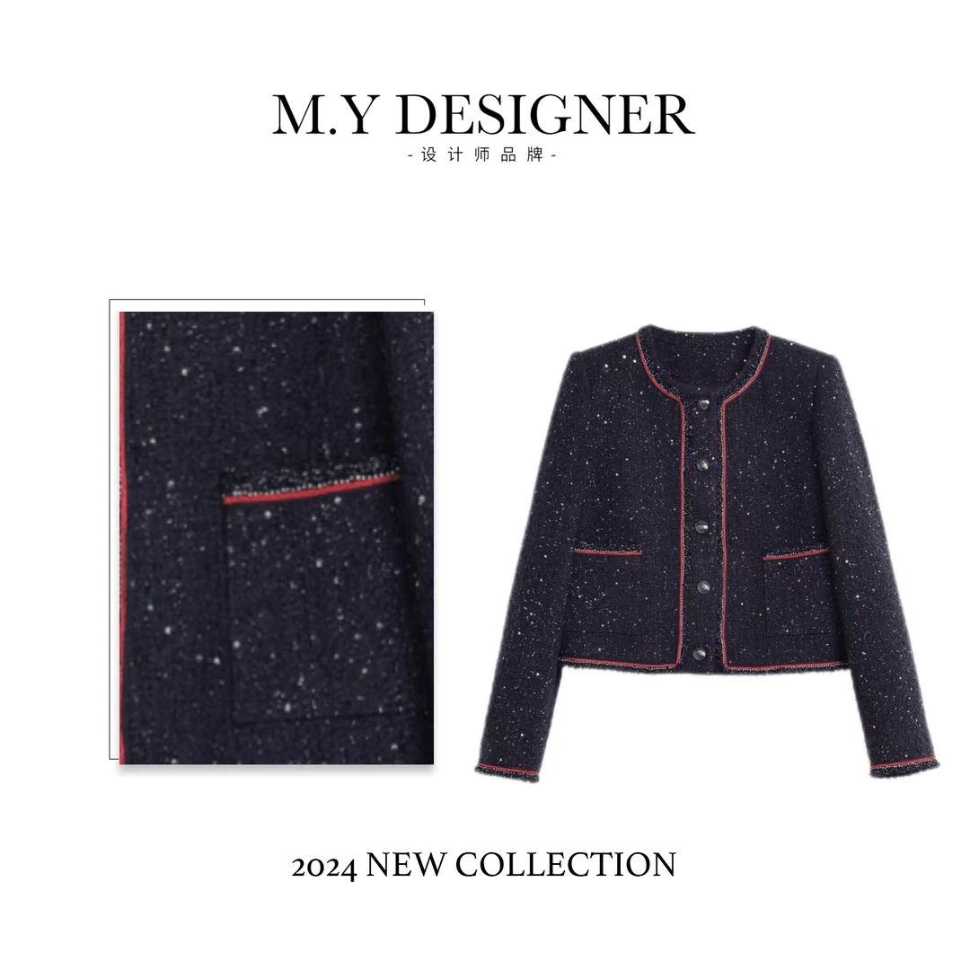 M.Y媛总 秋冬新小香风重工编织亮片撞色圆领短款外套女装OK1011