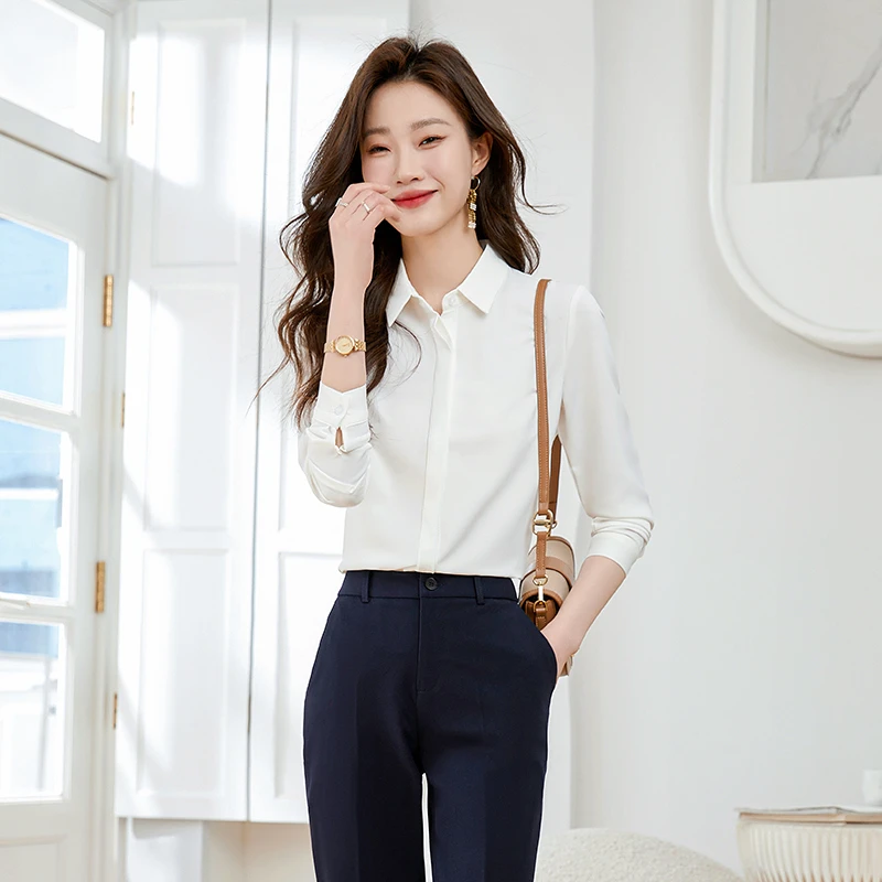 春装新款职业衬衣气质女装纯色白色缎面丝滑免烫长袖显瘦女士衬衫