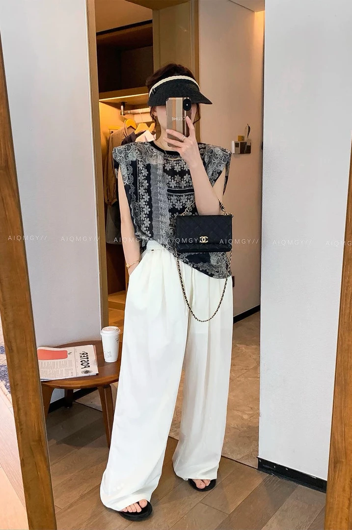 252535夏季时尚宽松百搭黑色印花无袖小飞袖设计感衬衫女上衣