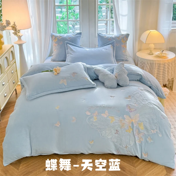 加厚牛奶绒刺绣四件套-蝶舞