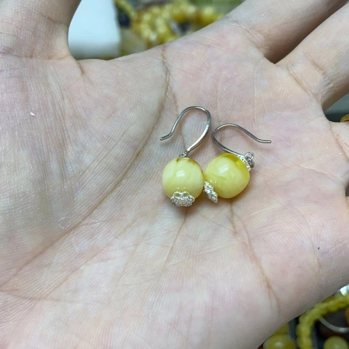 银S925镶嵌蜜蜡裸石耳钩