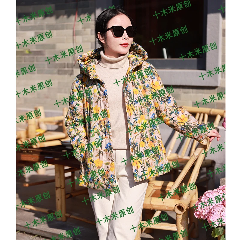 流星花园/十木米原创冬新款全棉印花清新休闲保暖连帽女短款棉服