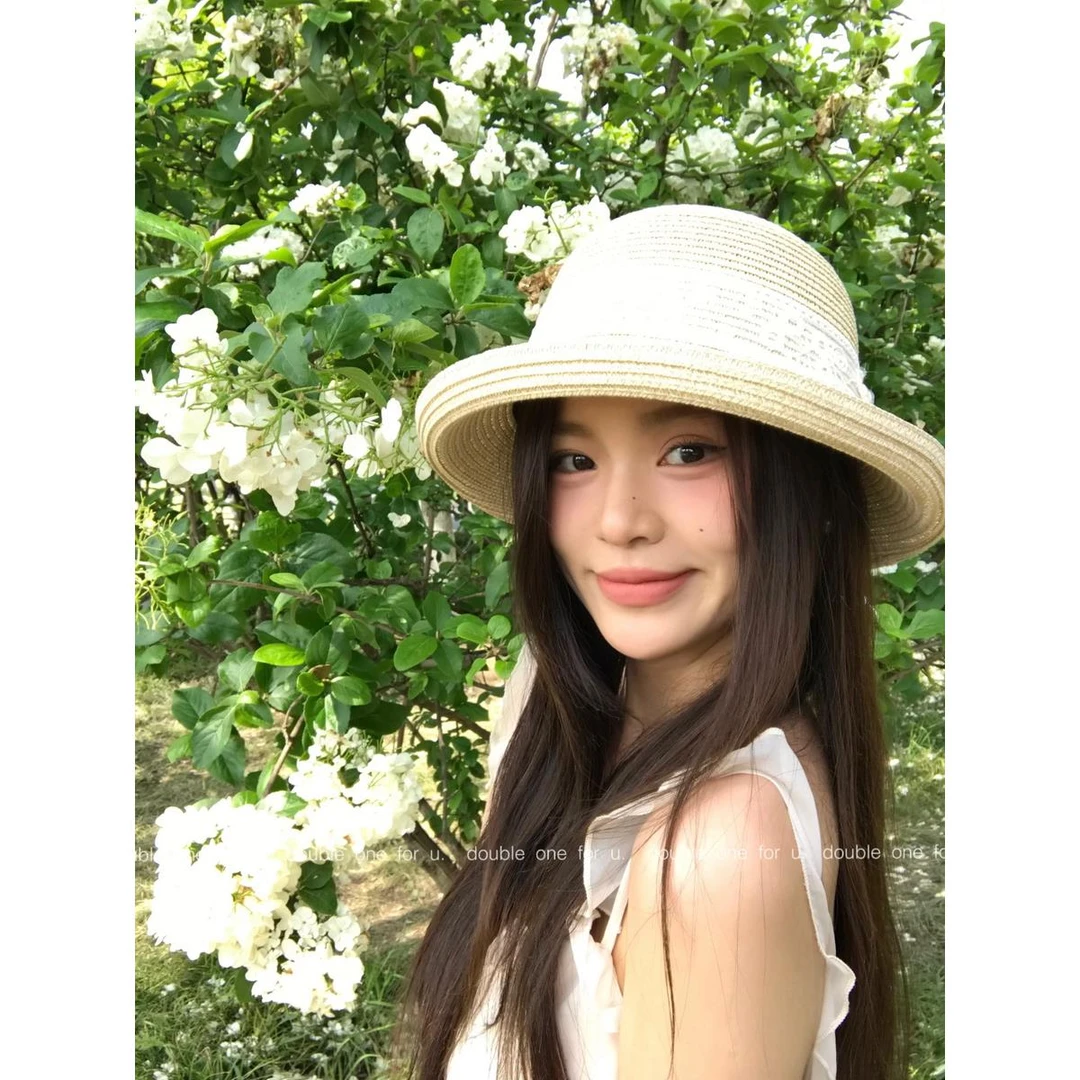 日系小清新草编平顶蕾丝防晒遮阳帽子出游百搭遮太阳复古韩版牛仔