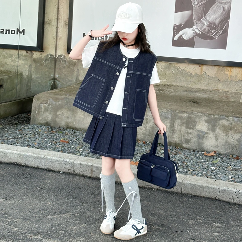 女童夏装套装2025新款洋气时髦儿童夏款马甲牛仔三件套女孩百褶裙