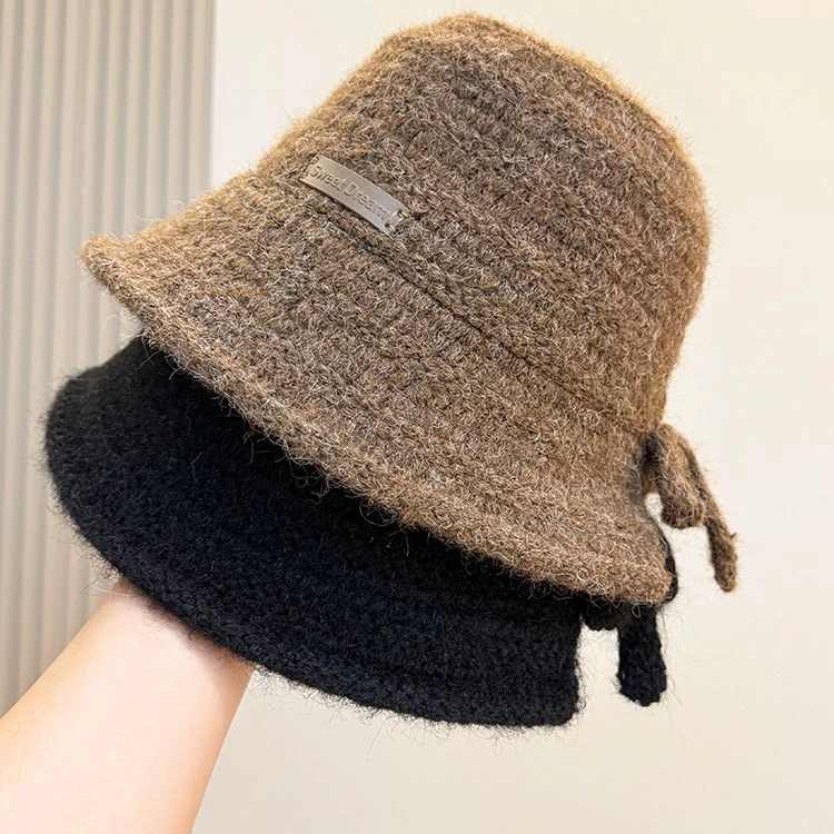 贴标日系蝴蝶结针织毛线渔夫帽子女秋冬保暖显脸小遮阳防晒水桶帽