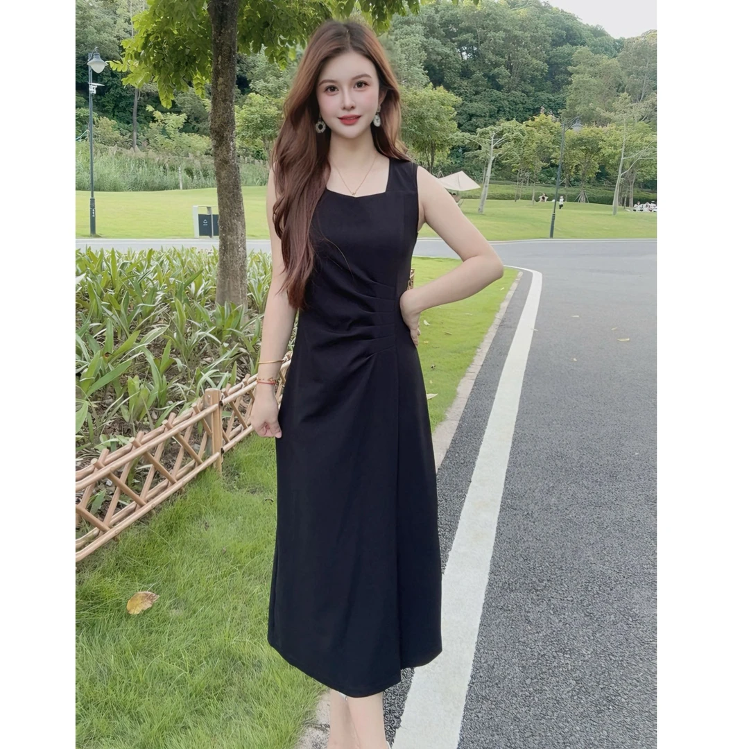 【退货包邮】法式宽肩带修身腰秋季背心裙高腰赫本风春秋