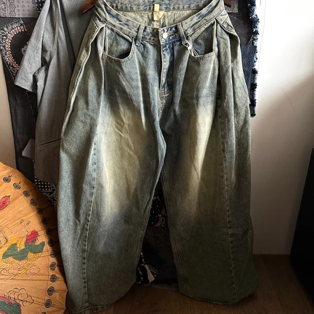 Sina日系复古水洗做旧拖地弯刀裤阔腿牛仔裤宽松oversize158