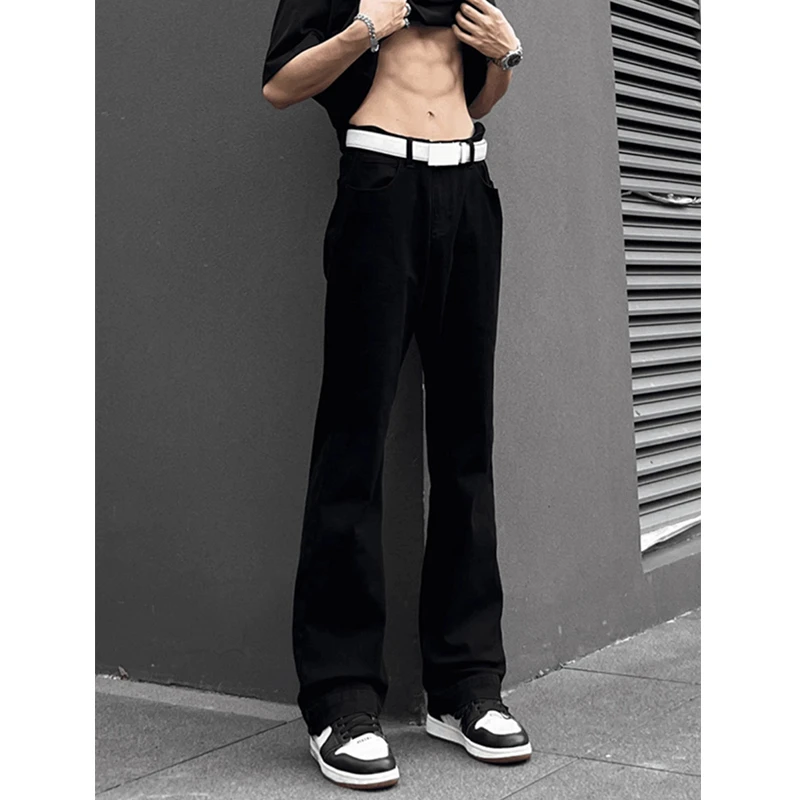 cleanfit黑色微喇牛仔裤男款修身显瘦裤子美式高街vibe直筒弯刀裤