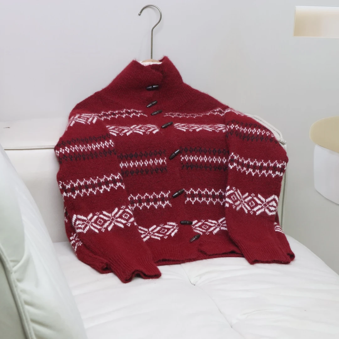 【13479】高品质原创设计红色百搭复古提花针织衫C