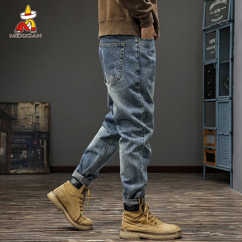 Mexican/稻草人美式痞帅牛仔裤男款秋季潮牌长裤宽松直筒休闲裤子