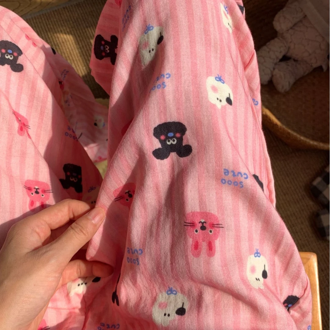 睡裤粉条纹小黑狗全棉双层纱宽松舒适纯棉薄款女居家长裤可外穿