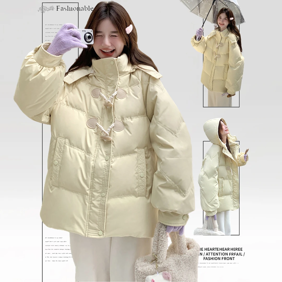 大码女装甜美牛角扣连帽棉服女胖mm加厚时尚保暖宽松显瘦棉袄外套