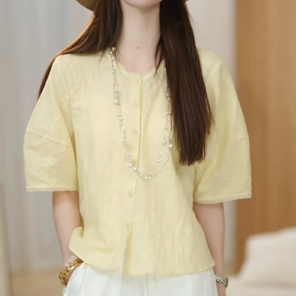 【回头密码】舒适简约纯色百搭圆领女士短袖衬衫气质衬衣休闲9167