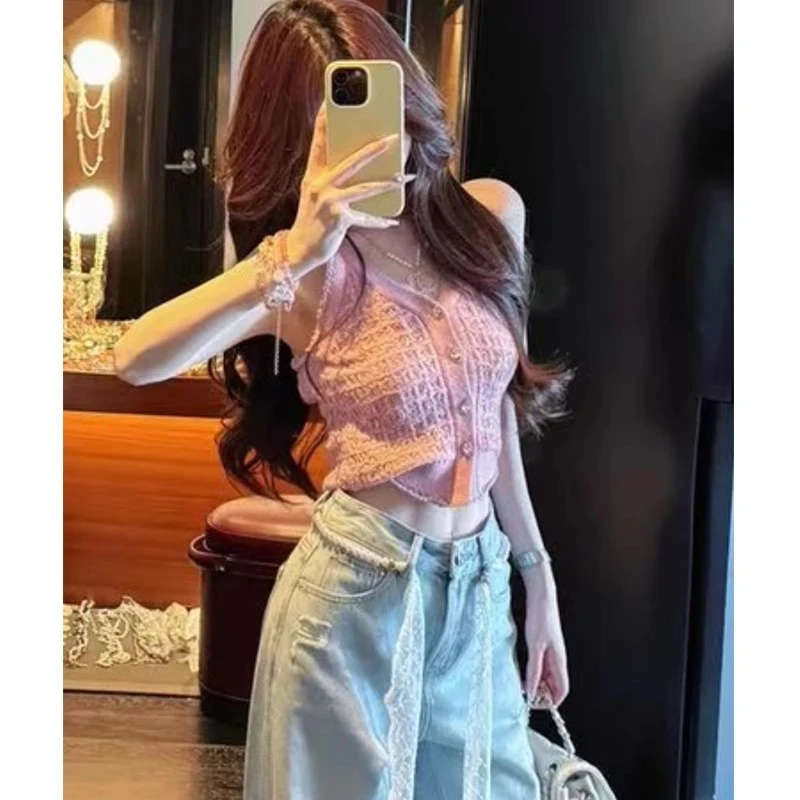 小香风粉色挂脖v领针织衫女夏季修身超好看温柔独特短款无袖上衣