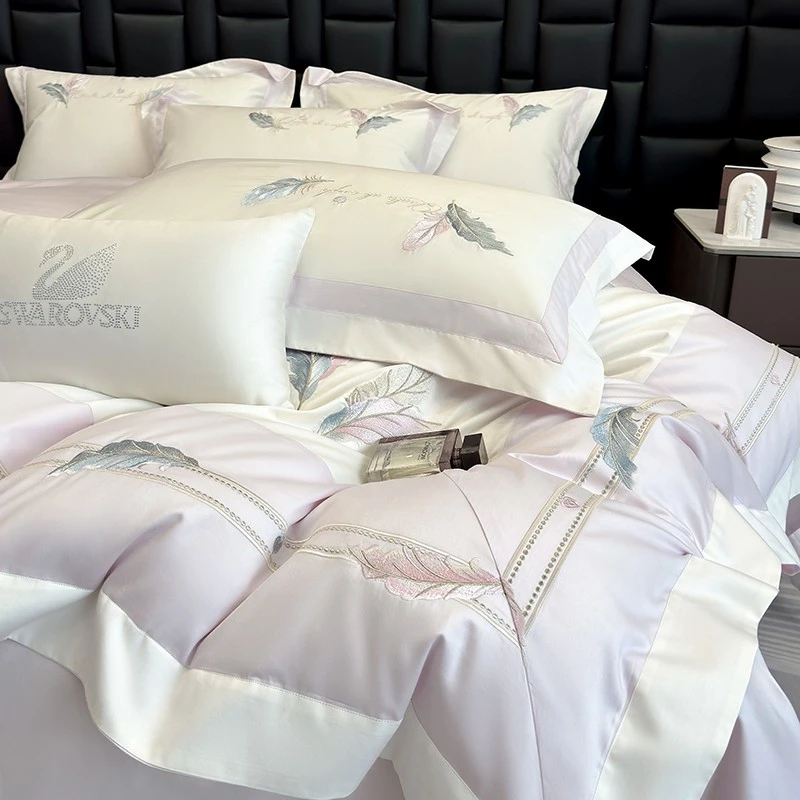 水星高端家纺轻奢风A类母婴级200支长绒棉四件套纯棉全棉床单刺绣