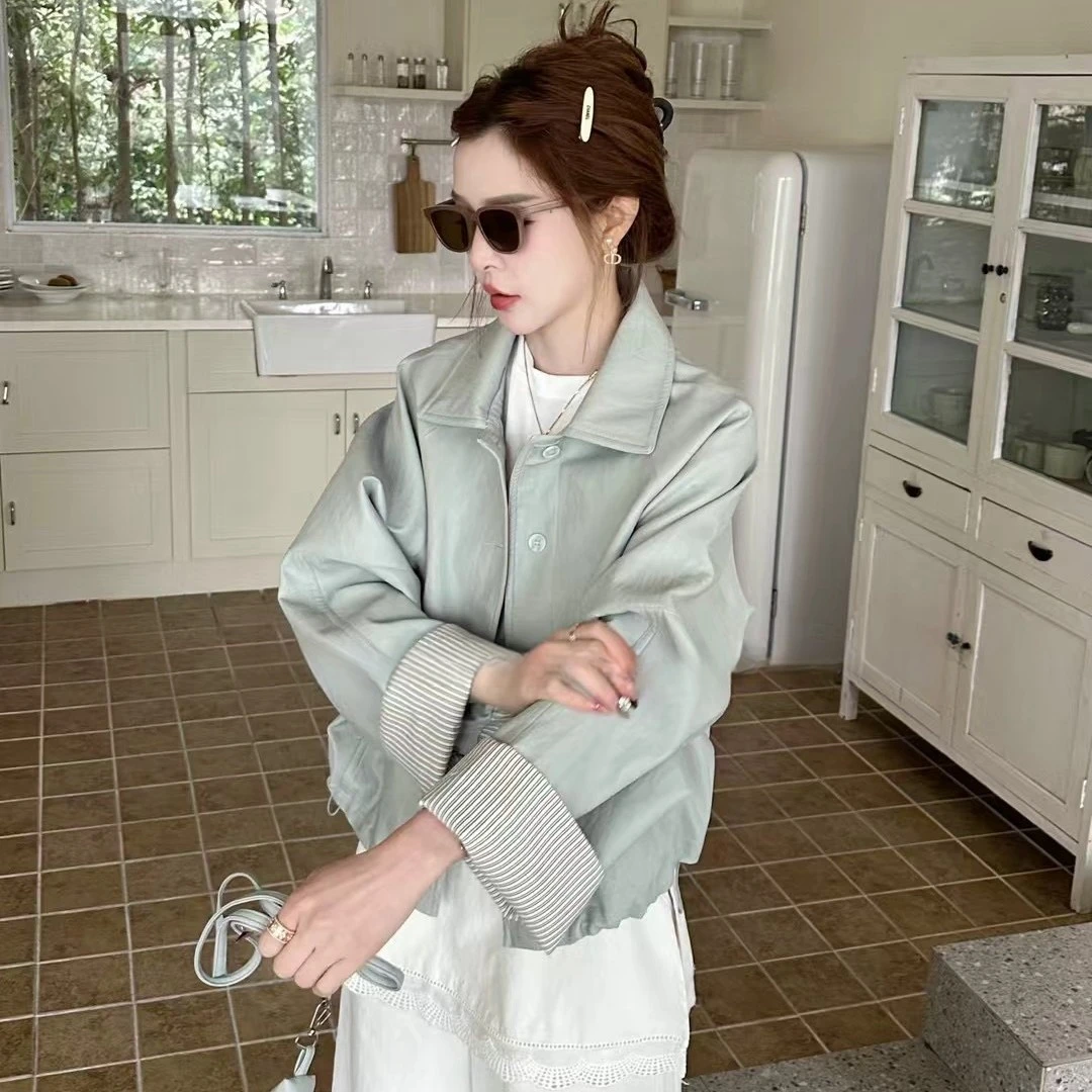 高级感2025年春季新款高级感pu皮外套女翻领宽松机车夹克上衣