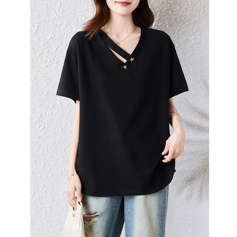 大码女装休闲风2025夏季设计感短袖上衣大码胖妹妹显瘦正肩V领T恤