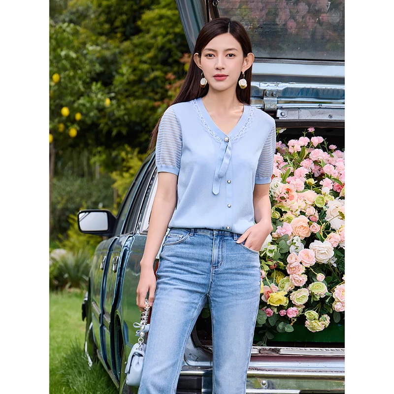 敦奴时尚V领短袖商务针织衫套头女DR270963