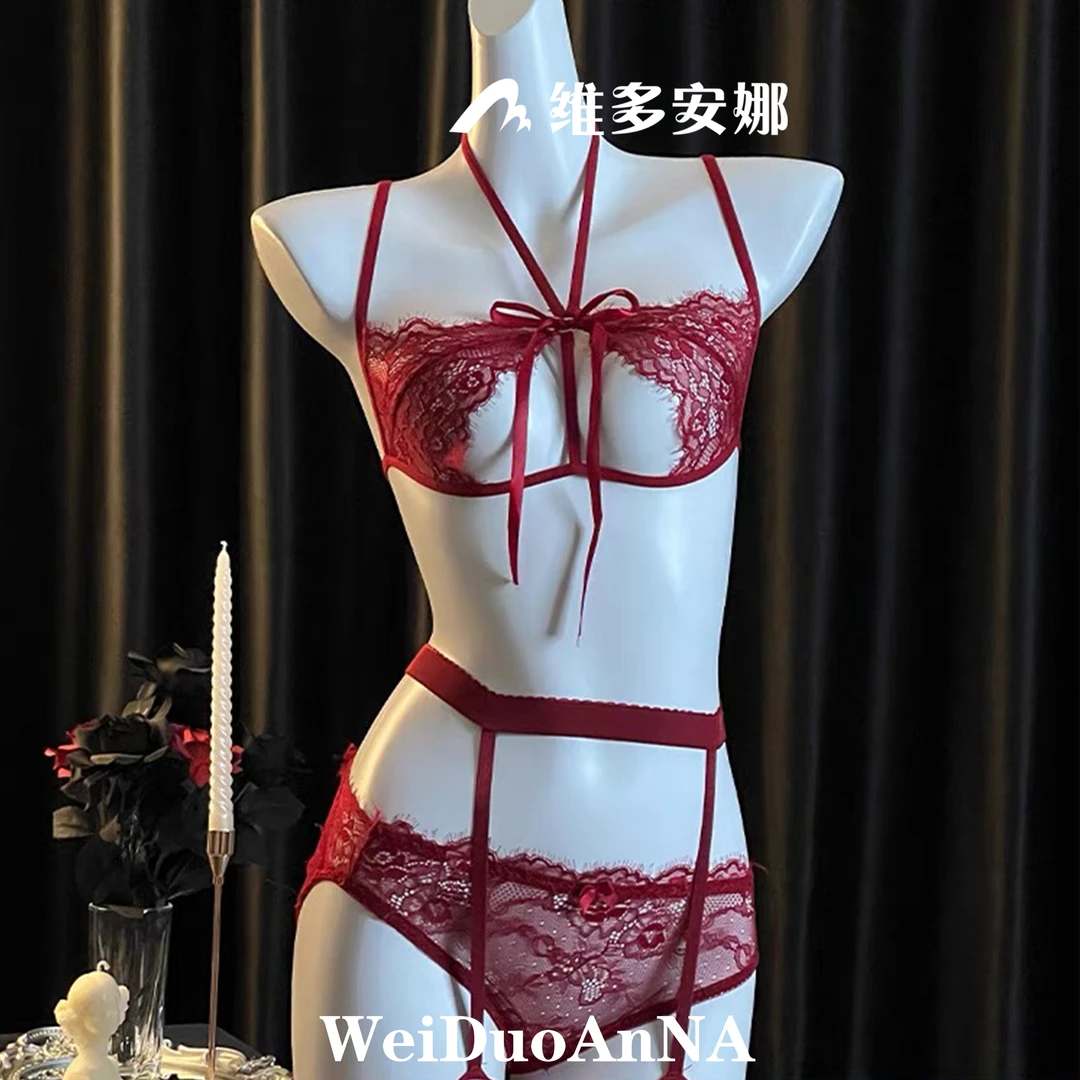 维多性感火辣绑带蕾丝镂空透视文胸套装女纯欲诱惑三点式内衣睡裙