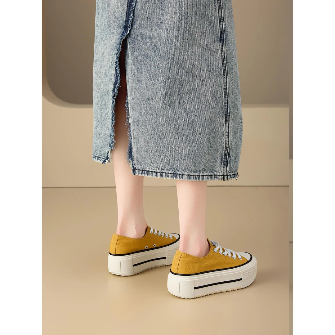 黄色帆布鞋女松厚底板鞋2025年秋季新款小白鞋薄款透气小个子增高