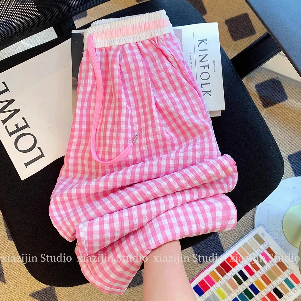 2025新款粉色显瘦格子裤女夏季薄韩系减龄高腰直筒宽松阔腿裤ins