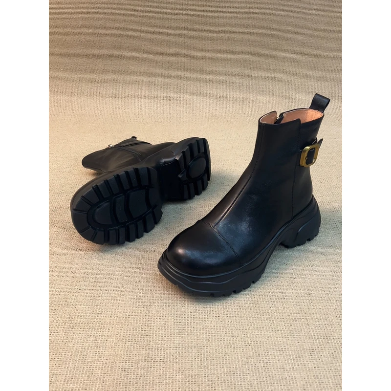 nnmiss·34-40/5.5cm经典百搭圆头侧拉链皮带扣复古风运动厚底短靴