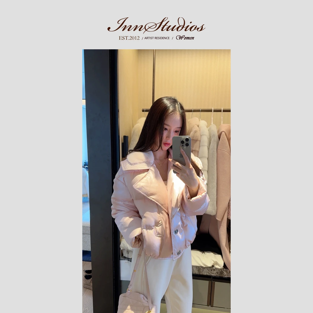 Innstudios 水貂领珠光粉色鹅绒服