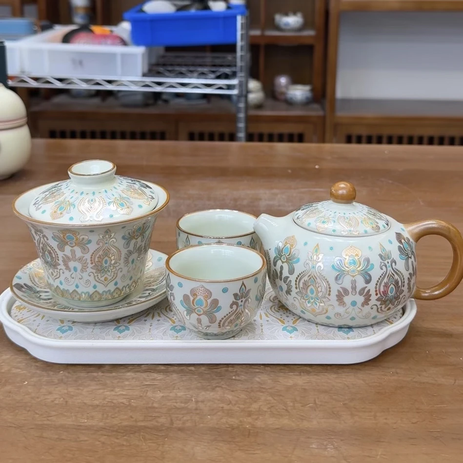 AS106 茉见金银错西施茶具一壶+2杯+盖碗+茶盘