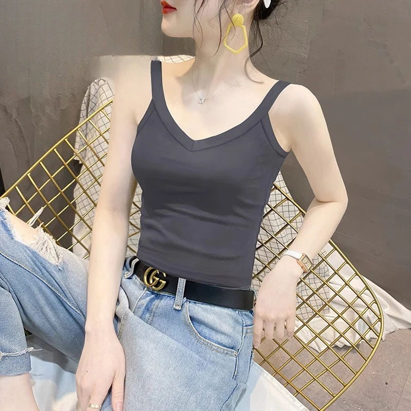 烟灰棉质V领背心女内搭2024春夏新款网红时尚炸街新款女装t恤女款