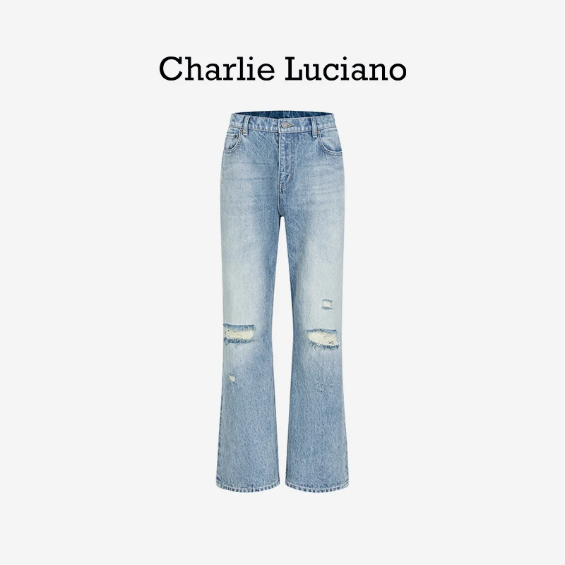 Charlie Luciano破洞棋盘格拼接牛仔裤秋冬新款潮牌高腰修身长裤